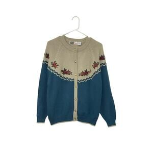 VTG Lucia Floral Sweater Cardigan Embroidery  Large Petite Cottagecore Grandma